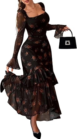 GothDark Women's Elegant Floral Long Sleeve Party Wedding Guest Maxi Dress