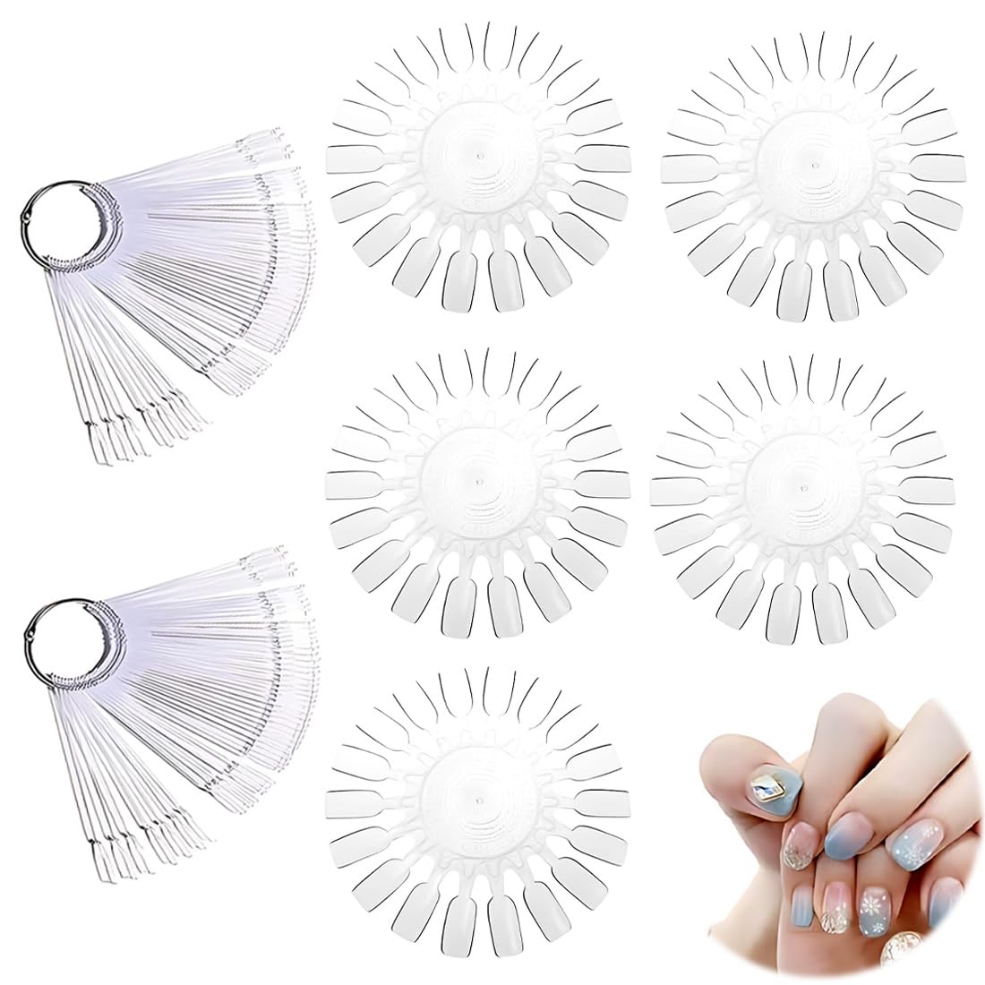 100 Pezzi Unghie Finte per Espositore, con 5 Pezzi Espositore Unghie Finte Ruota Nails in Plastica Compione Colore,Mensola per Ventola Finta con Anello in Metallo,accessori unghie