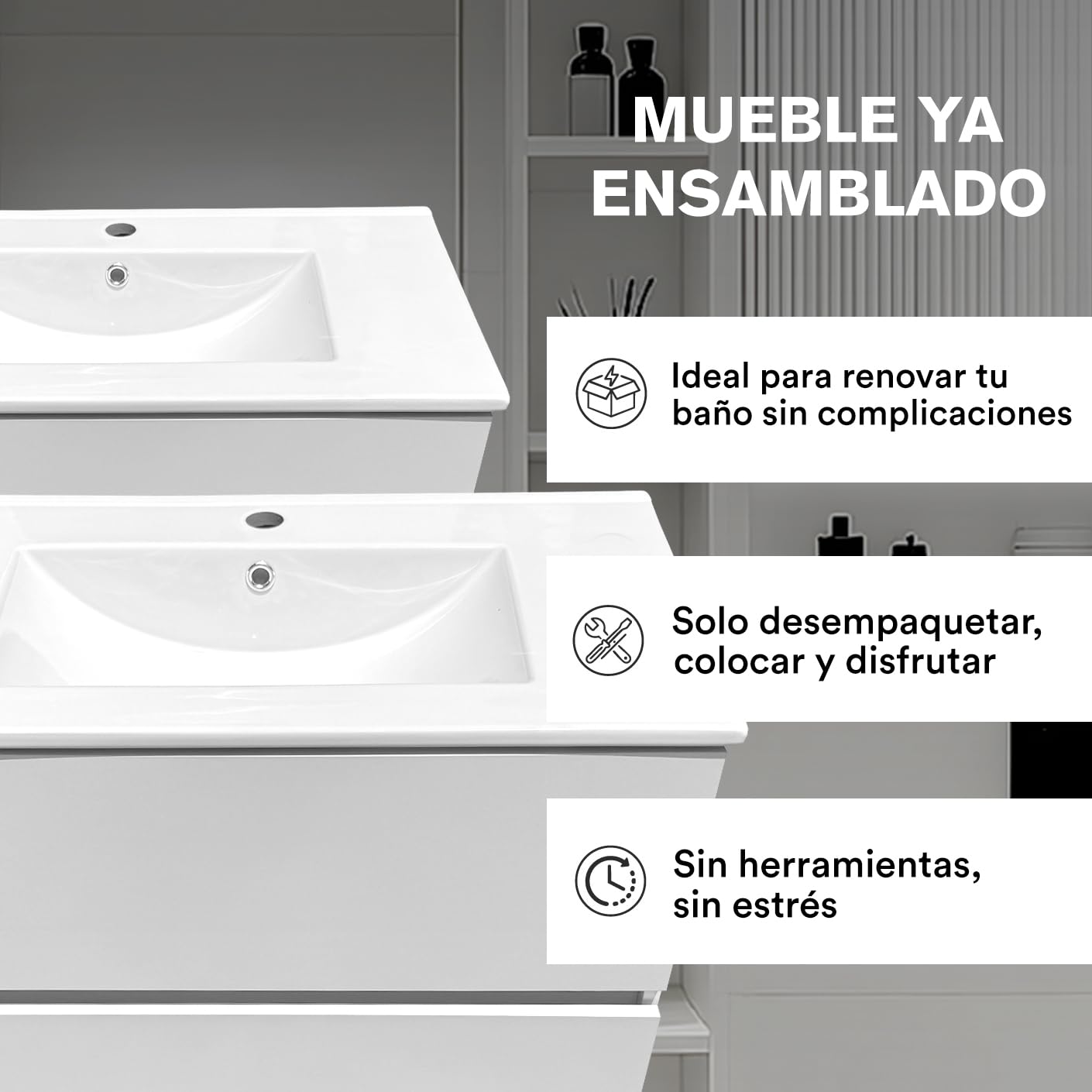 Juego Mueble 60cm Baño con Lavabo Mueble Lavabo Mueble Baño | Mueble Bajo Lavabo Compacto Preinstalado de Fábrica · Lavabo 60 cm con Pie de Porcelana · No Incluye Espejo