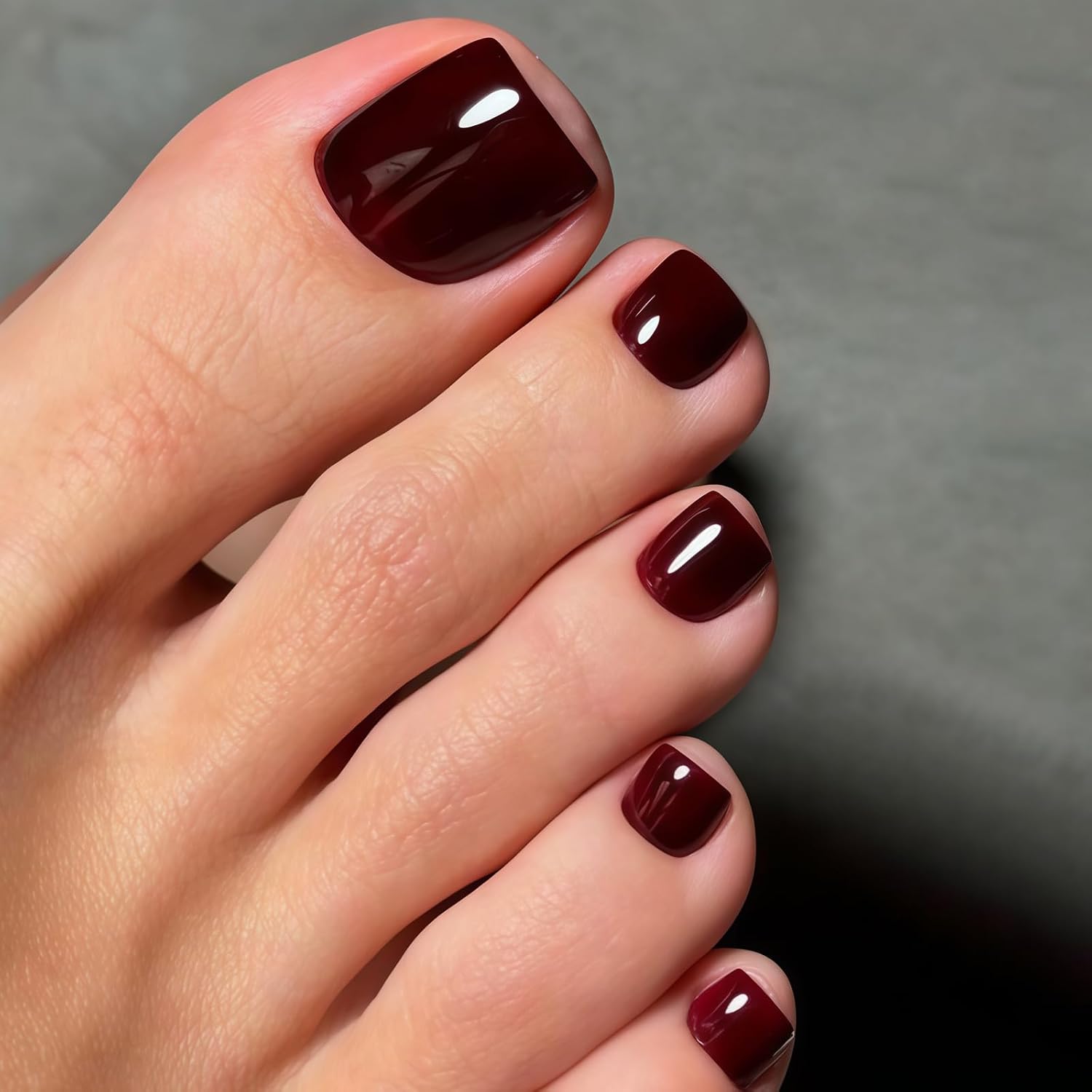 Burgundy Press on Toenails Short, Toenail Press Ons Square for Women with Soft Gel Press Stick on Toenail with Kits Perfectly Fit Full Cover Reusable Glossy Fake Toenails