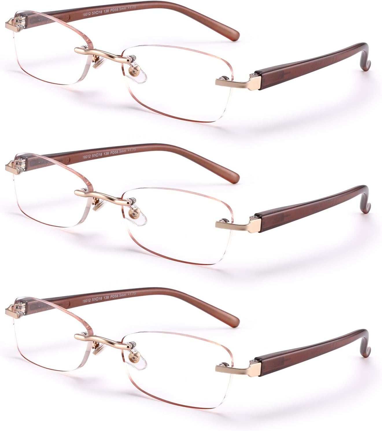 3-Pack Rimless Reading Glasses For Women, Lightweight Spring Hinge Readers, Classic Elegant Artistic Eyeglasses UV 400