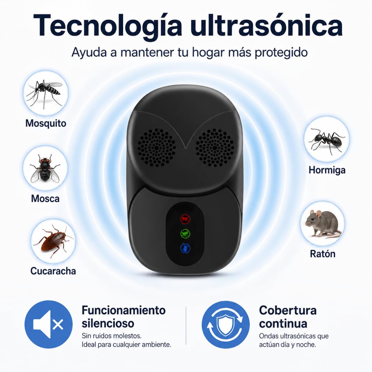 Antimosquitos Electrico Enchufe Pack 4 , Repelente Ultrasonico para Interior, Repelente Mosquitos Eléctrico y Enchufe Anti Insectos para Hogar, Anti Cucarachas, Hormigas, Moscas y Ratones Sin Químicos