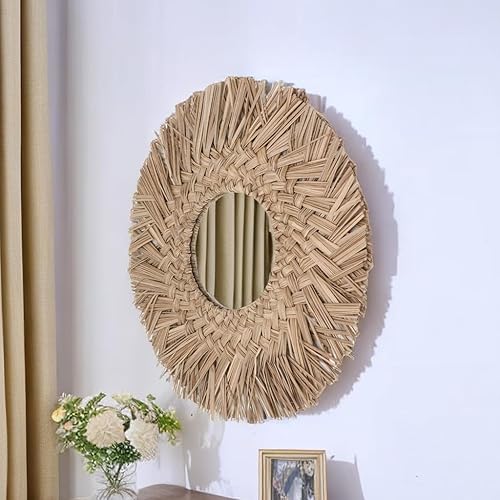 Miniatura 6 de Pssopp Espejo de pared de tejido de paja, espejo de decoración de pared, imágenes HD, hermoso retro, fácil de colgar, decorativo para baño (natural)
