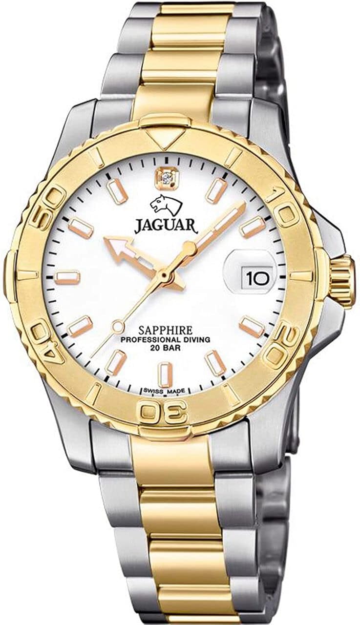JAGUAR Orologio Modello J896 / 1 della Collezione, Cassa 34 mm Bianca con Cinturino in Acciaio Bicolore da Donna J896/1 JAGUAR Orologio Modello J896 / 1 della Collezione, Cassa 34 mm Bianca con Cinturino in Acciaio Bicolore da Donna J896/1
