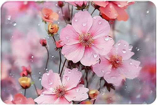 Alfombra de baño con estampado de flores rosas, alfombra de baño de microfibra absorbente, alfombra de franela con parte trasera de goma, tapete