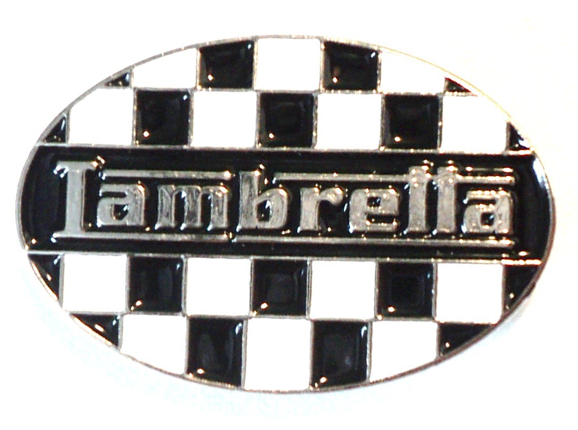 Mercmad White Lambretta Scooters Oval Black & Chequerboard Mod Metal Enamel Badge