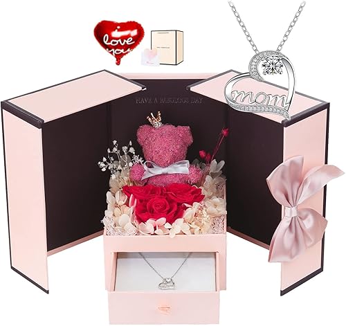Juego de regalos de oso musgo de rosa preservada con 100 collares "I Love You" para mamá, esposa, novia, día de la madre, Navidad, día de San