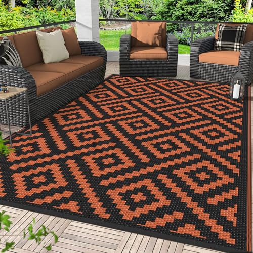 Image of GENIMO Fall Decor Outdoor Rug, Plastic Rugs for Patio, 6'x9' Black Orange