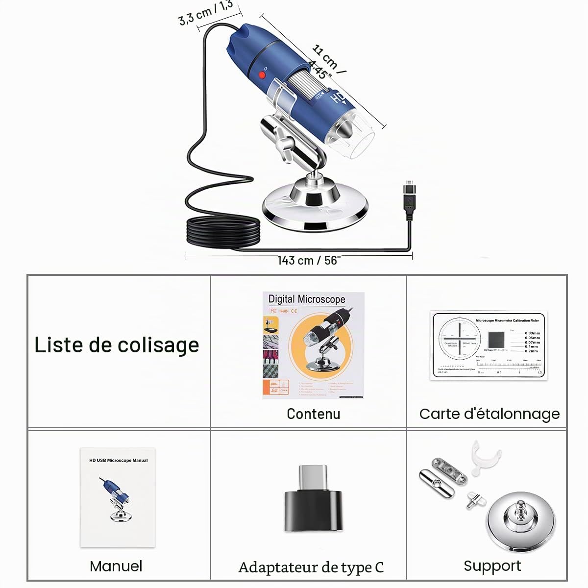 Jiusion 2K HD 2560x1440P Microscope Numérique Usb Pour Téléphone Portable Et Tablette Android Windows Mac Linux, Mini-appareil Photo Endoscope à Grossissement 40X à 1000X pour Pièces Peau Cuir Chevelu