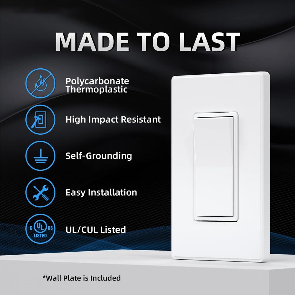 Interruptor de Luz Unipolar Mate de 15 A, 120-277 V, Interruptor Basculante de de Repuesto, Interruptor de Pared de Encendido/Apagado, Paquete de 10