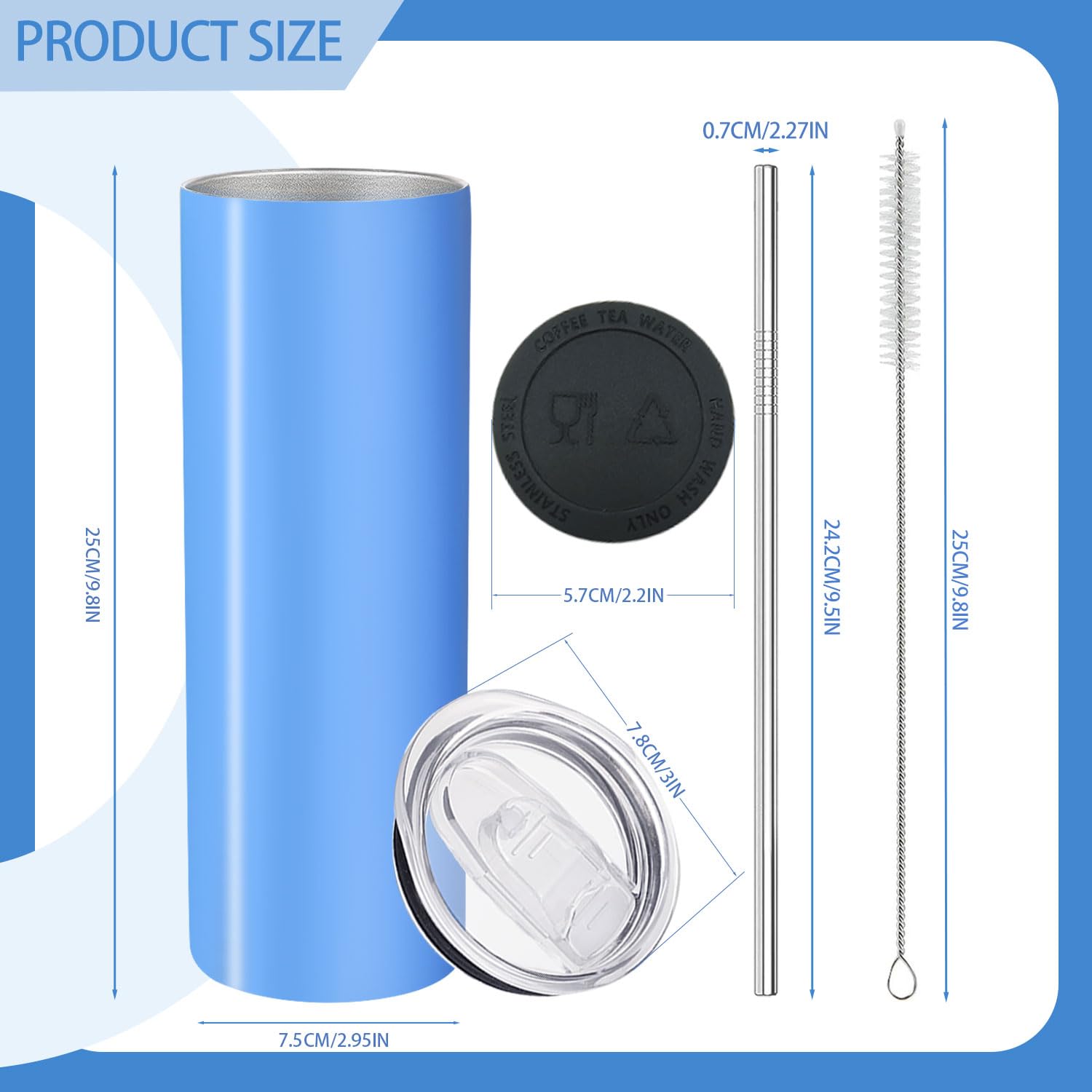 YOUKE OLA Skinny Trinkgläser aus Edelstahl, 590 ml, gerade, doppelwandig, vakuumisoliert, mit Deckel und Strohhalm und Silikonboden für Reisen, Heimwerken, 12 Farben, 12 Stück