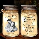 My Favorite Place In All The World Is Next To You Custom Photo Mason Jar Light Gift for Couple Boyfriend Girlfriend Romantic LED Jar Lights Decor Gift for Husband Wife on Valentine's Day Birthday