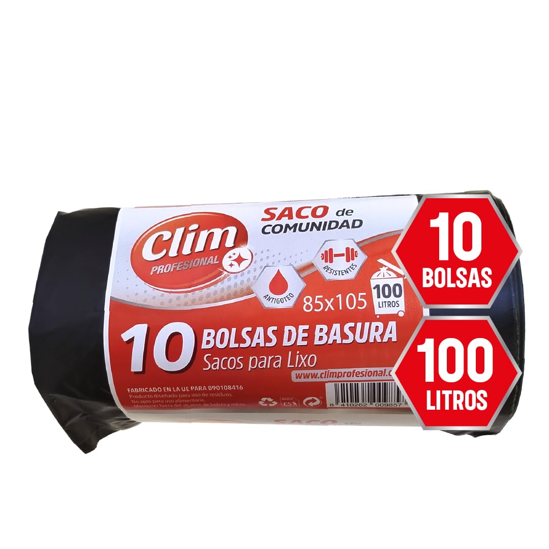 Clim Profesional Rollo 10 Bolsas Basura Resistentes 100 Litros. Sacos de Bolsas de Comunidad 850x1050 mm. Negro
