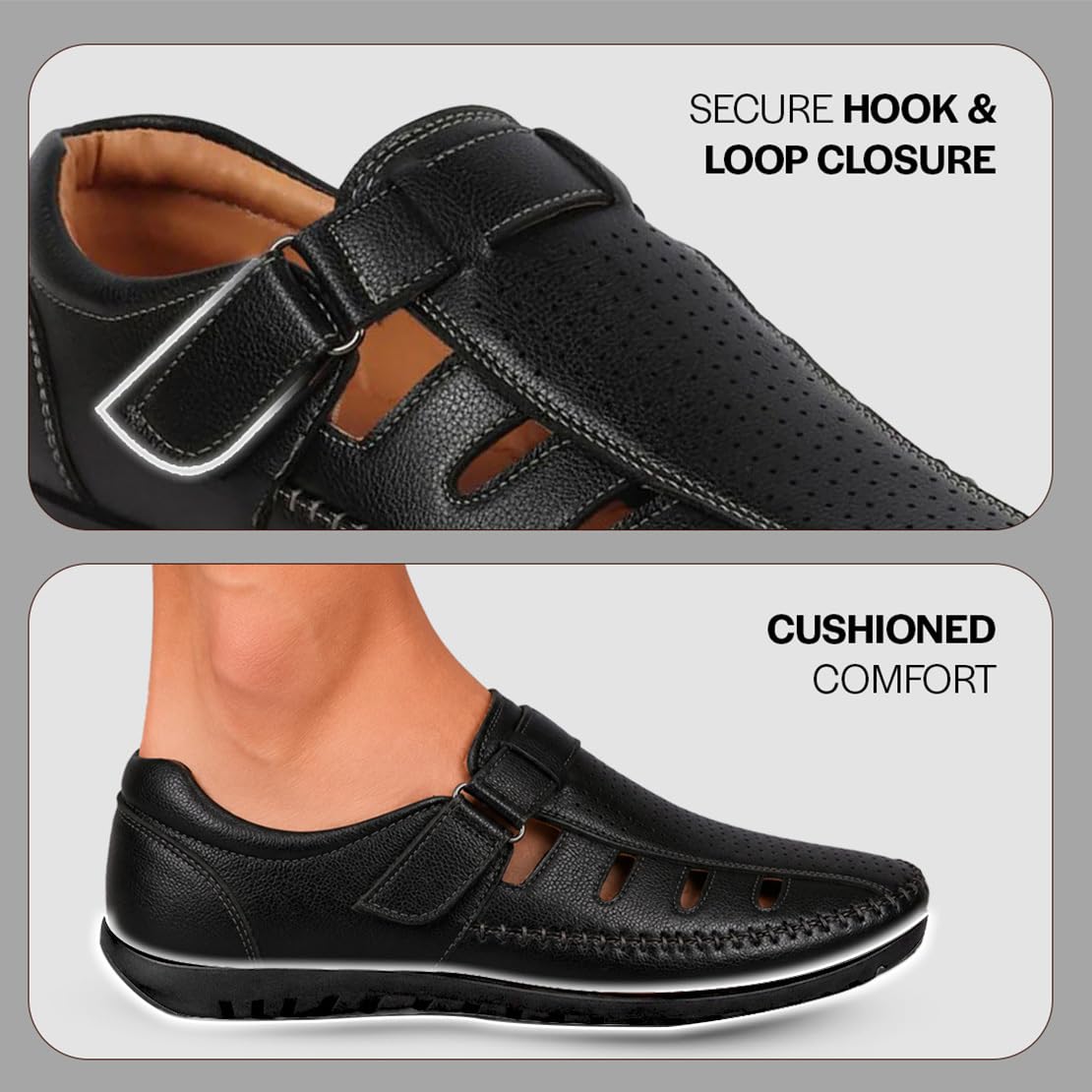 FAUSTO FST FOSMS-2118 BLACK-42 Men's Black Laser Cut Perforated Shoe Style Roman Sandal|Adujstable Hook & Loop Stitched Pull On Sandal (8 UK) 4