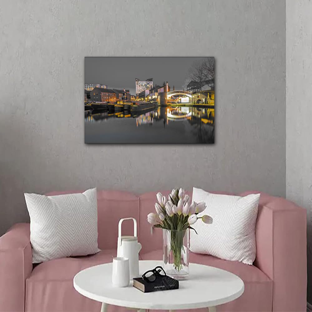 TISHIRON Bedroom Wall Decor Birmingham England Balck and White Wall Art for Living Room Bedroom Office 1 Piece Birmingham Dowmtown Cityscape Home Decor Artwork Framed Ready to Hang (16''Wx 24''H) - Image 3