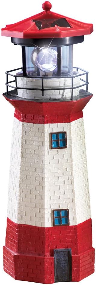 Jumbl Collections Etc Solar Nautical Lighthouse Statue with Spinning Light, Ocean and Beachhouse Inspired Decor, Red