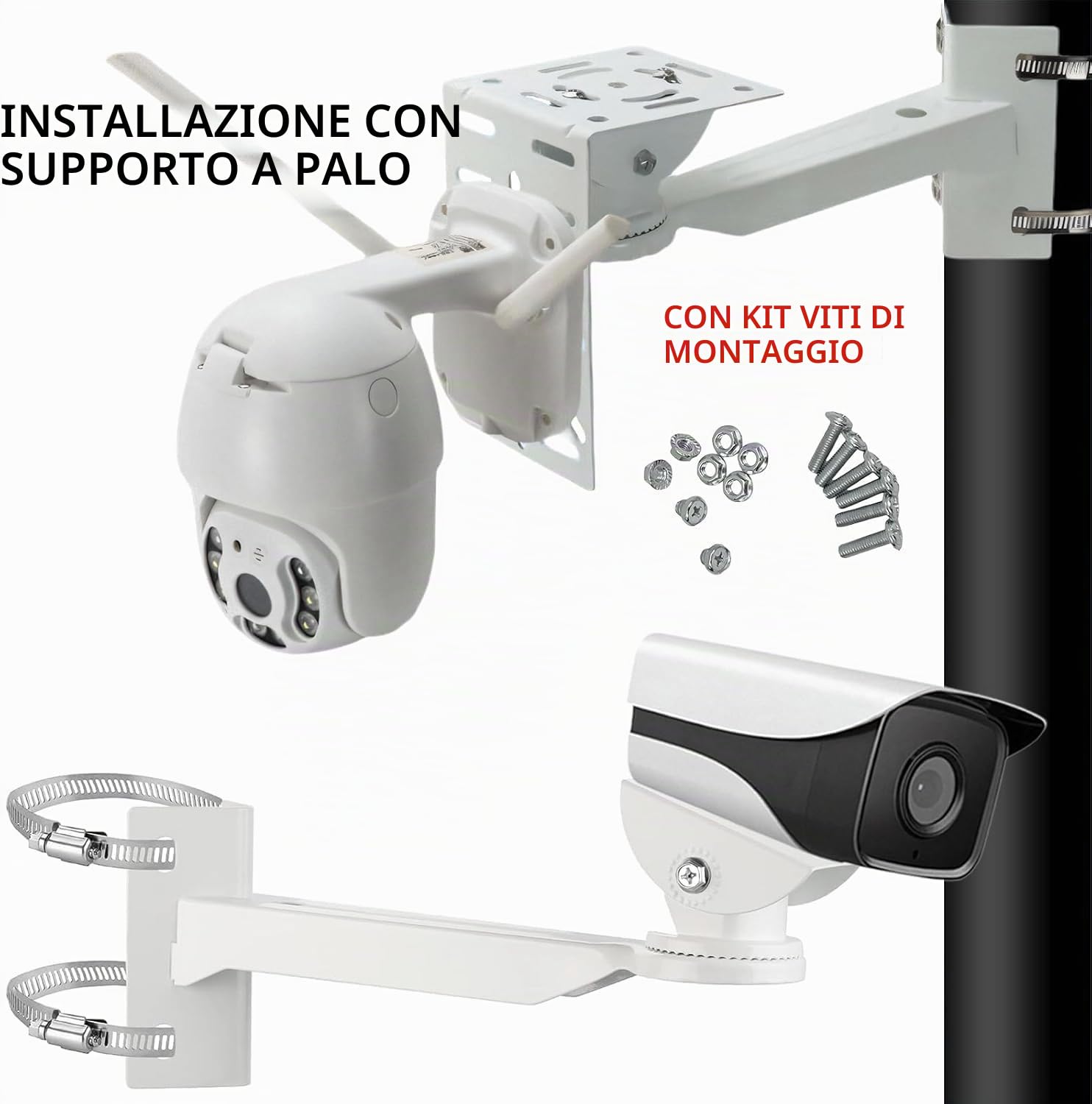 Staffa per montaggio su palo, supporto per telecamera MYLERCT, staffa per montaggio su palo verticale, con tre morsetti regolabili, materiale spesso, robusto e durevole per il montaggio di telecamere Staffa per montaggio su palo, supporto per telecamera MYLERCT, staffa per montaggio su palo verticale, con tre morsetti regolabili, materiale spesso, robusto e durevole per il montaggio di telecamere