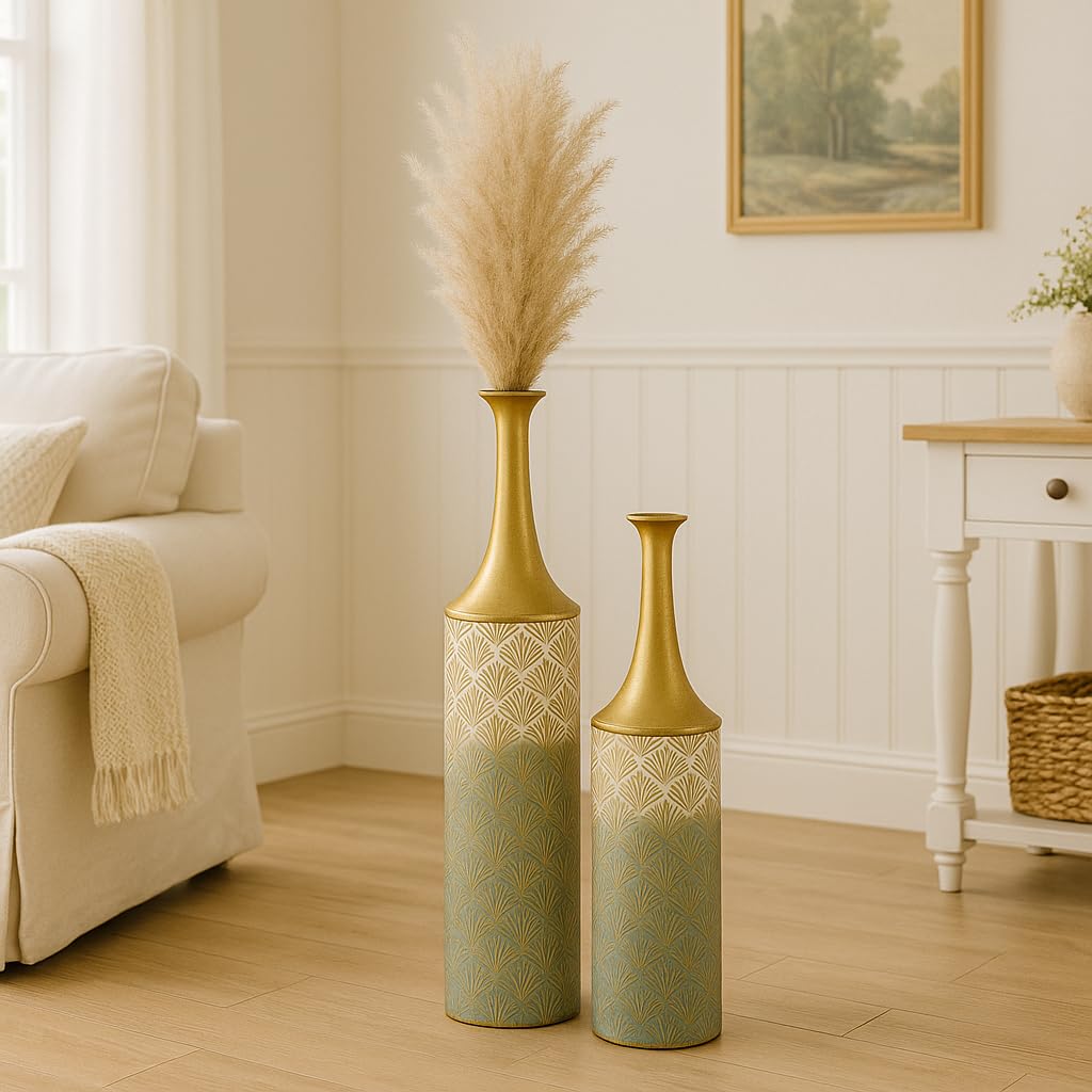 Leewadee Set de 2 jarrones de Suelo Grandes – Jarrones Decorativos Altos de Metal Dorado Blanco (66/59 cm) – Elegante decoración Moderna para el hogar