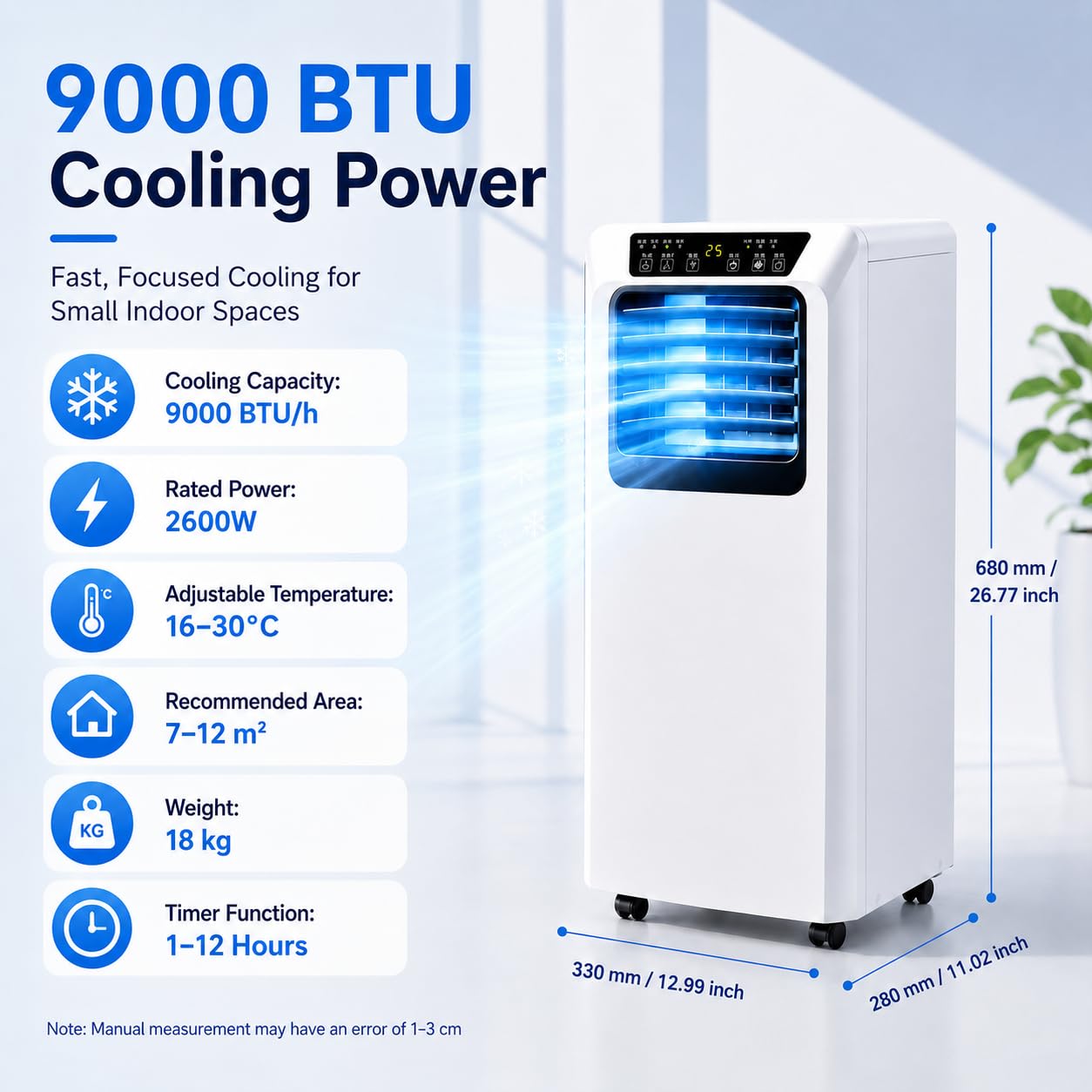 Przenośny Klimatyzator 9000 BTU z Panelem Dotykowym 9000BTU | Intuicyjny Interfejs Umożliwia Łatwą Regulację Trybów, Prędkości Wentylatora i Funkcji Timera.