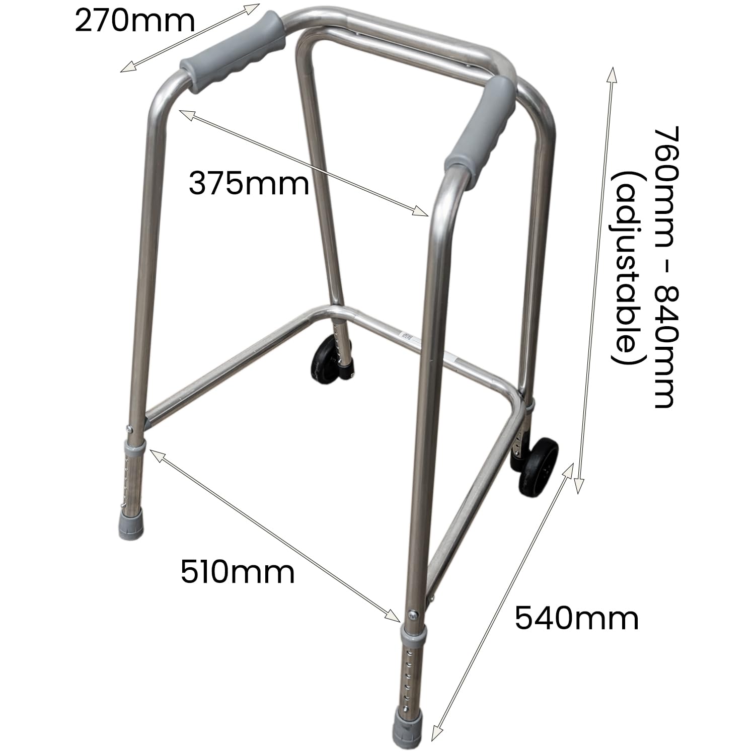 Ultra wąska rama do chodzenia z kółkami, smukła konstrukcja, szerokość 520 mm, mała, lekkie aluminium, antypoślizgowe gumowe okucia, ergonomiczne uchwyty, pomoc w chodzeniu rehabilitacyjnym