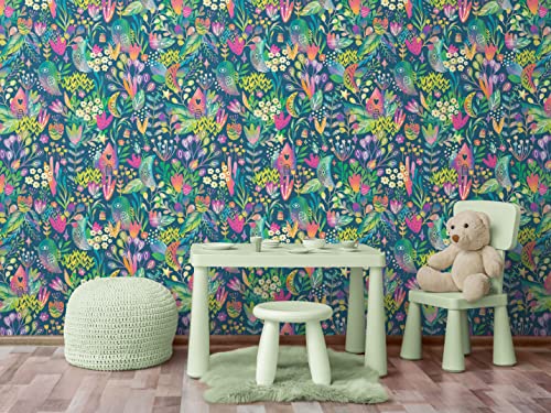 Colorful Flower Garden with Bird House Illustration Wall Mural. Lime Green Pattern Nursery, Bedroom, Kid’s Room Wall Decor. Peel and Stick Wallpaper. #6444 (9ft Tall X 16ft Wide)
