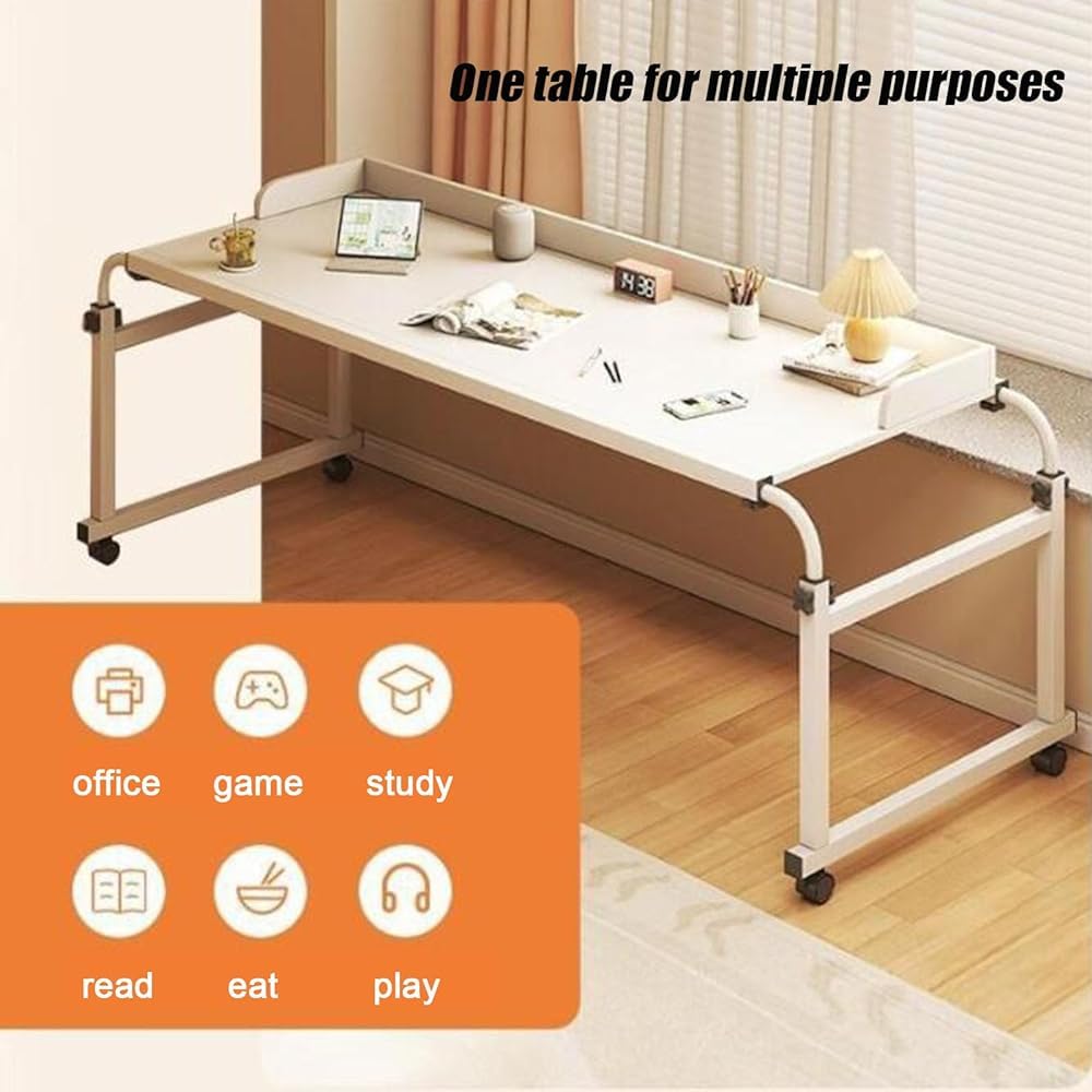 Mesa de Sobrecama 4 Ruedas para Bastidor de Cama Tamao Matrimonial/Queen - Funciona como Mesa de Bar, Comedor o Carrito de Computadora - Color Blanco