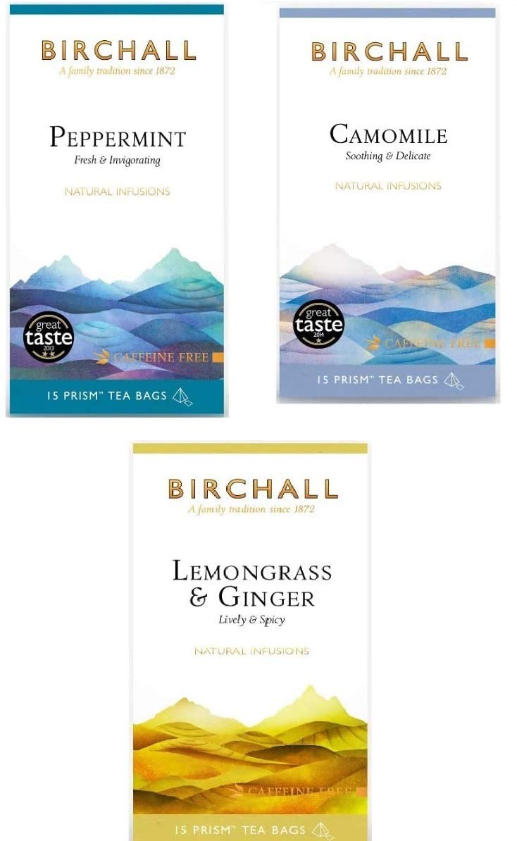 Lot de 45 sachets de thé en forme de bouleau (3 saveurs – menthe poivrée, camomille, citronnelle et gingembre) sans plastique