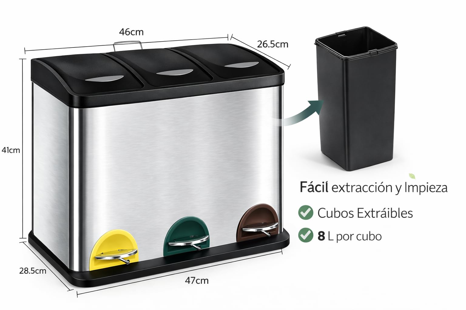 T-LOVENDO.ES Cubo basura o reciclaje 3 de compartimentos Grande | 3 X 8L Total 24 Litros | Contenedores de reciclaje separados por color | Papeleras con pedal | Acero | Gran capacidad