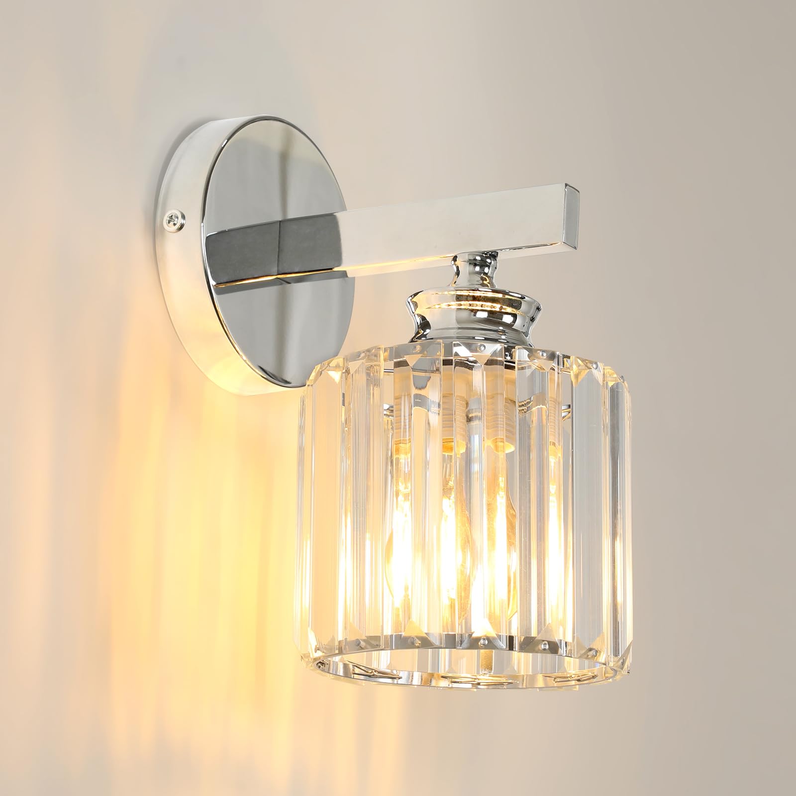 Pheashine Modern Crystal Wall Light Sconce, E27 Elegant Silver Round Wall Lamp for Bedroom Living Room, Hallway