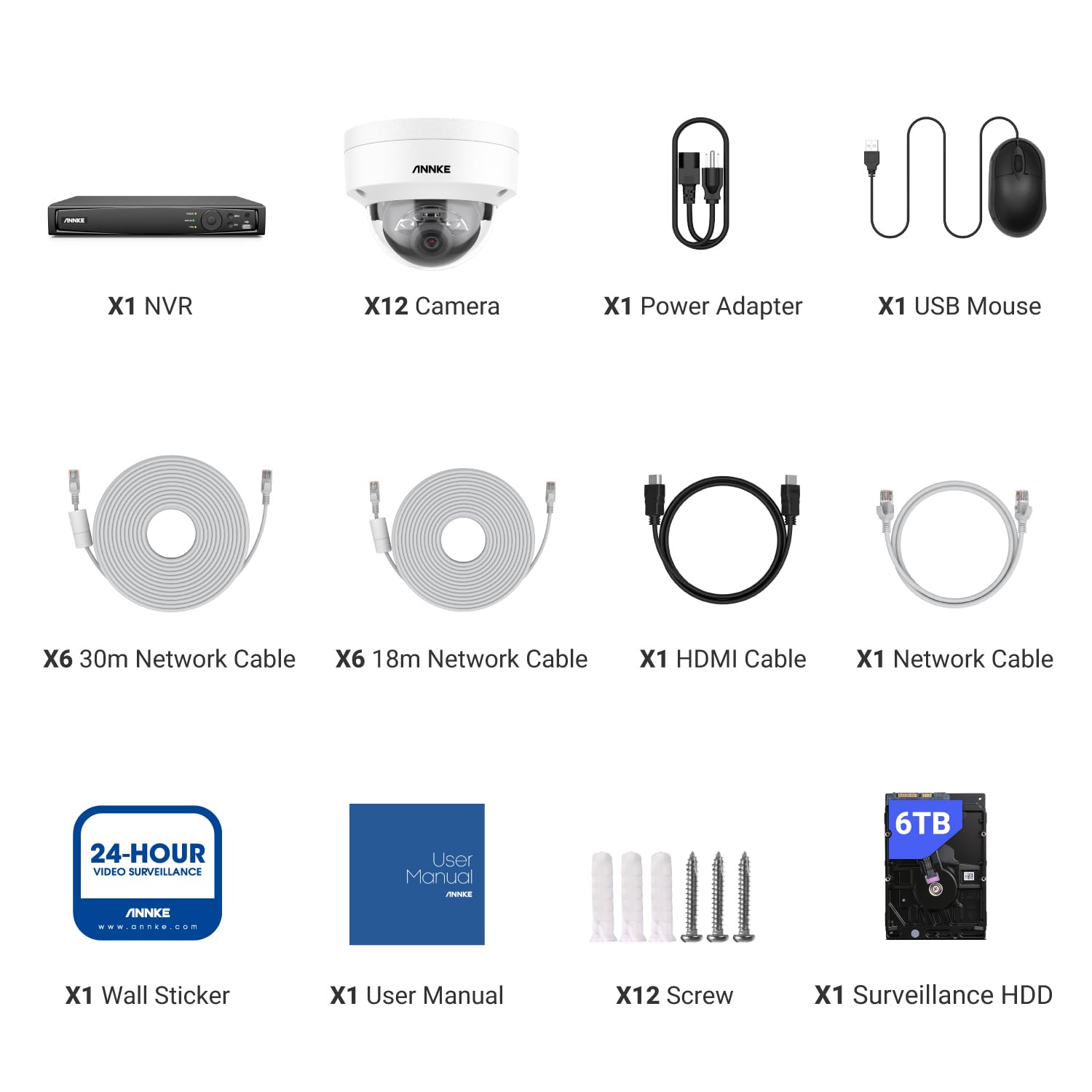 ANNKE 4K Poe Caméra de Surveillance 16CH 6To H.265+ NVR avec Caméra IP 12 X 8MP, Kit Vidéo Surveillance Filaire avec Audio, Détection Personne/Véhicule, Vision Nocturne 30M, Enregistrement 24h/24