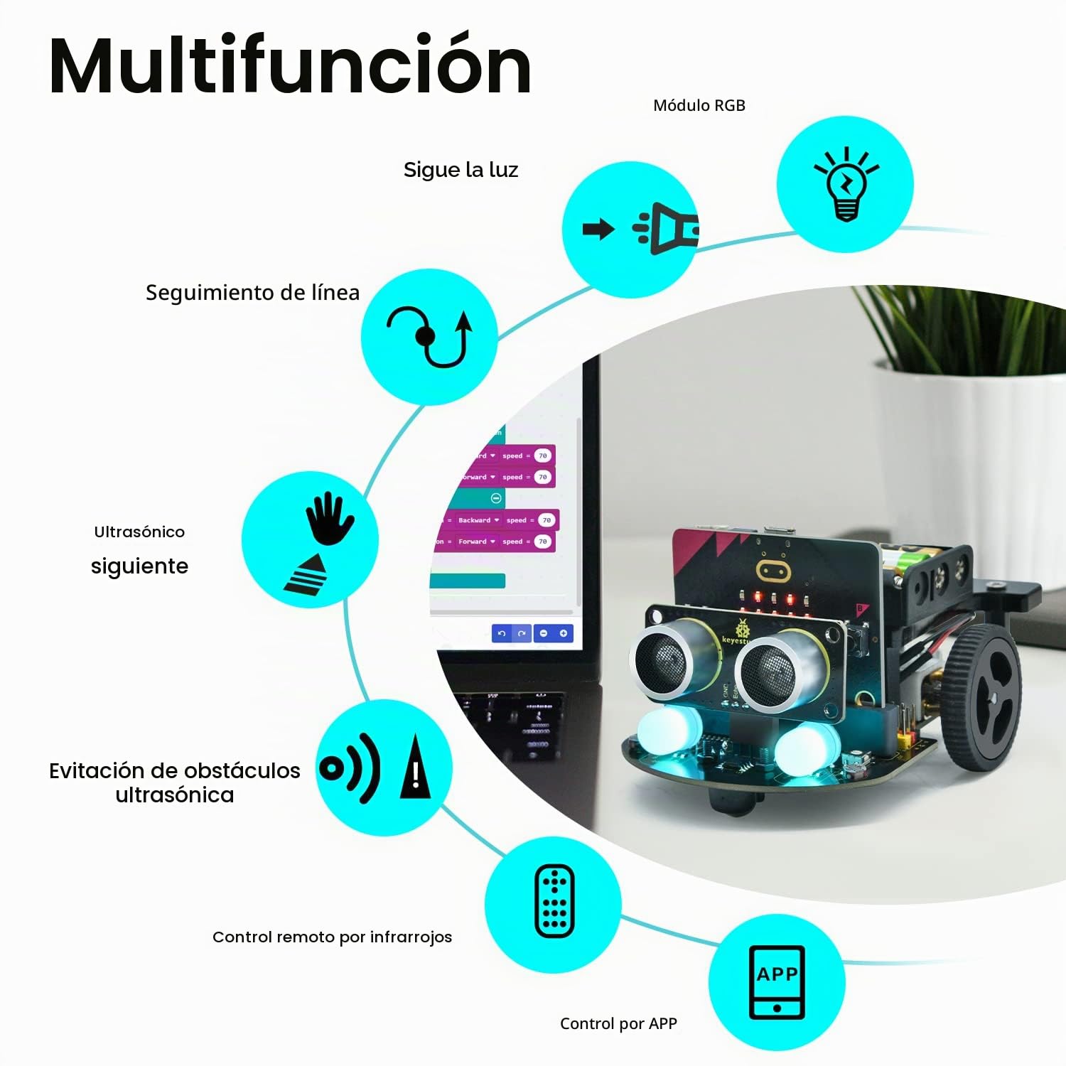 KEYESTUDIO BBC Micro:bit V2 Car Kit (Micro bit Board No Incluido) Robot de codificación para Adolescentes Stem EDU Regalo para 14+ Adolescente