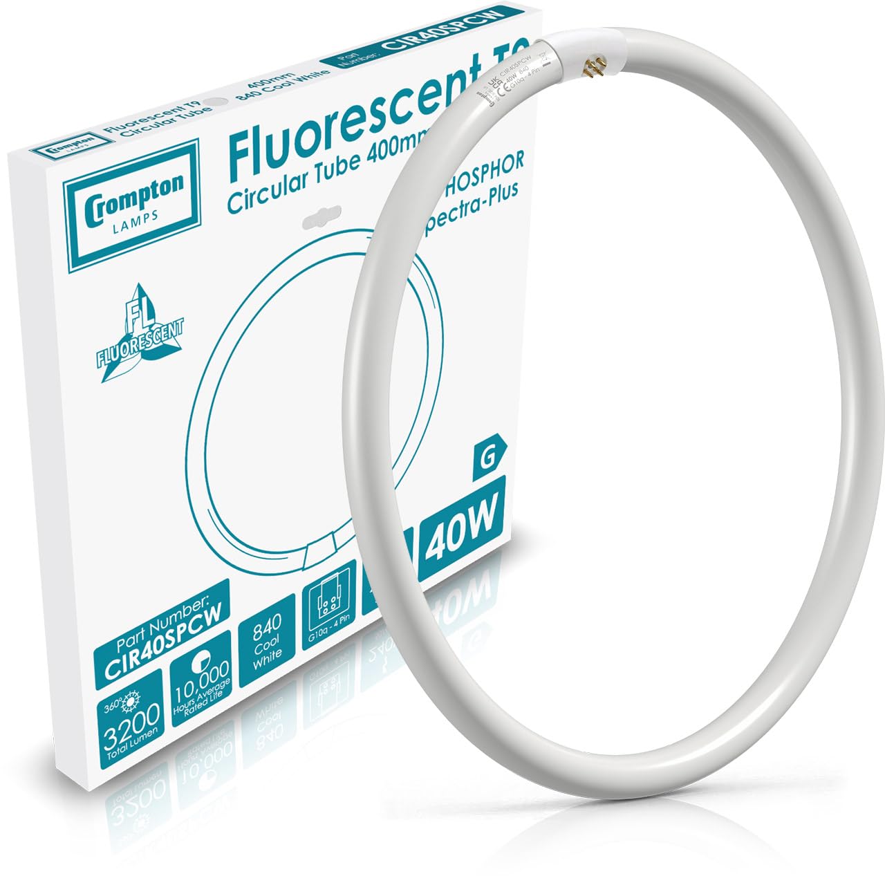 Crompton Lamps 40W T9 Fluorescent Circular 4 Pin Light Bulbs | Cool White 4000K | Energy Efficient Tube | Long-Lasting 10,000 Hours | GR10q Base for Magnifiers & Ceiling Lights