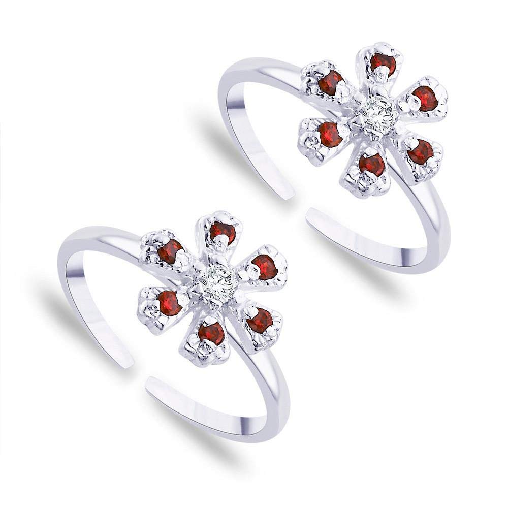 taraash Red CZ Floral 925 Sterling Silver Toe Rings for Women | Bichiya | Silver Metti | Foot Rings | Jodvi-picture-22