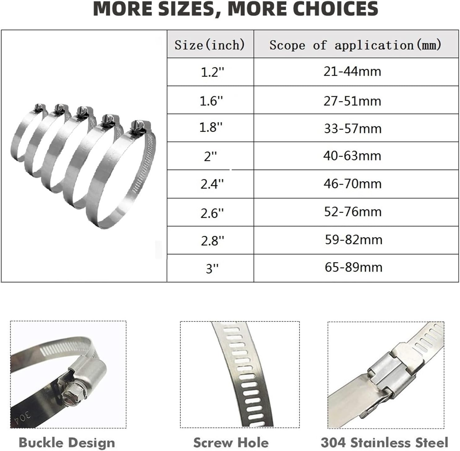BREAKA Hoses Clamps Clip Stainless Steel Adjustable Water Tube Fuel Pipe Air Ducting Worm Gear Hose Clamp Ring Clip (Size : 65-89mm-10pcs)
