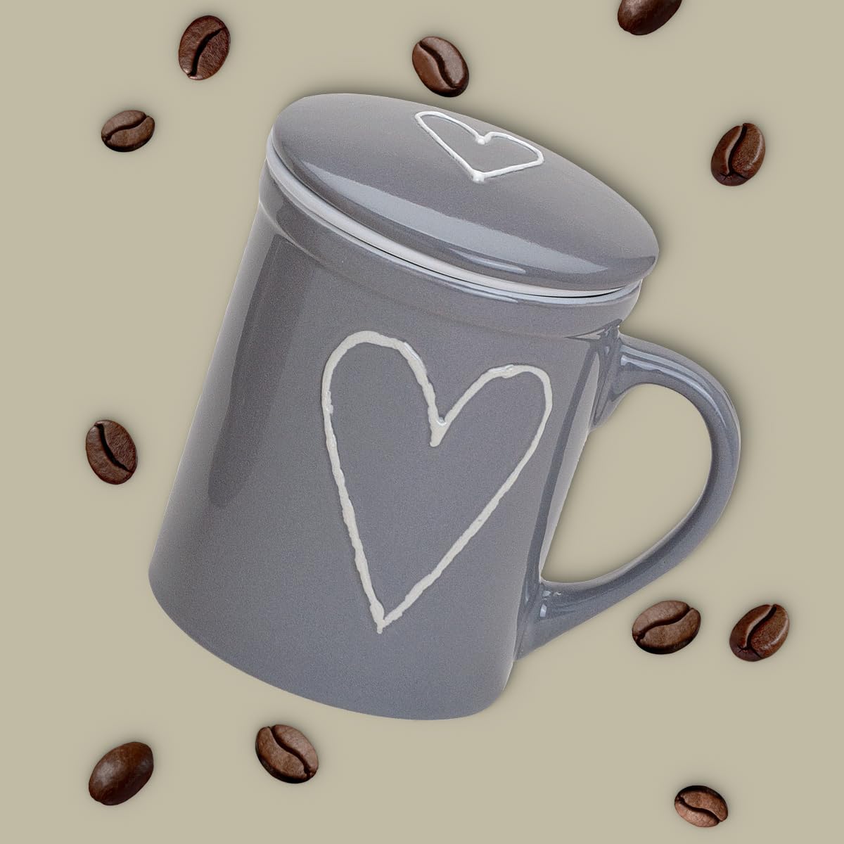 Teetassen 36er Set mit Teesieb in weiß beige grau mit Herzen - Porzellan Tassenset mit Deckel und Sieb für 300ml - Tassen mit Henkel spülmaschinenfest und mikrowellengeeignet als Geschenk