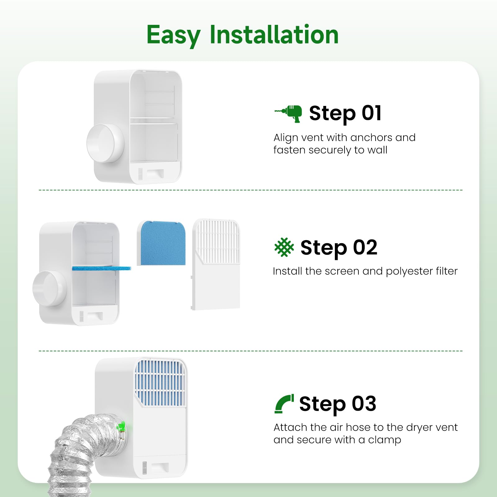 LuckIn Kit de ventilación de secadora 3 en 1 para secadora eléctrica, kit de limpiador de ventilación de secadora con filtro de poliéster, manguera de ventilación de 10 pies y sistema de cajón de agua