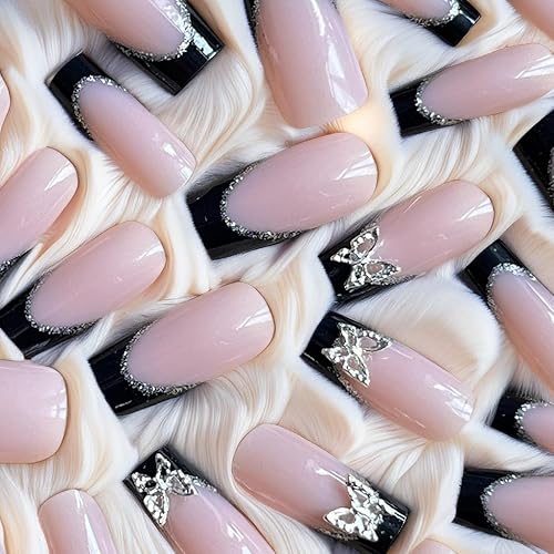 Miniatura 2 de Uñas postizas largas de punta francesa negra con pegamento de mariposa 3D, uñas postizas de color rosa brillante con diseños, uñas artificiales de