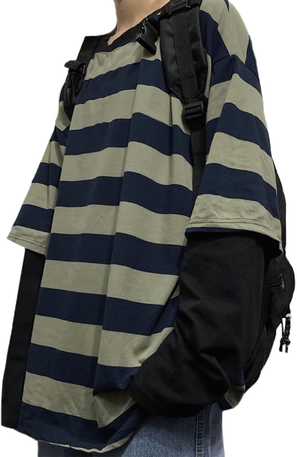 Harajuku Oversized Striped T-Shirt Long Sleeve Crew Neck Casual Matching Couple Streetwear Pullover