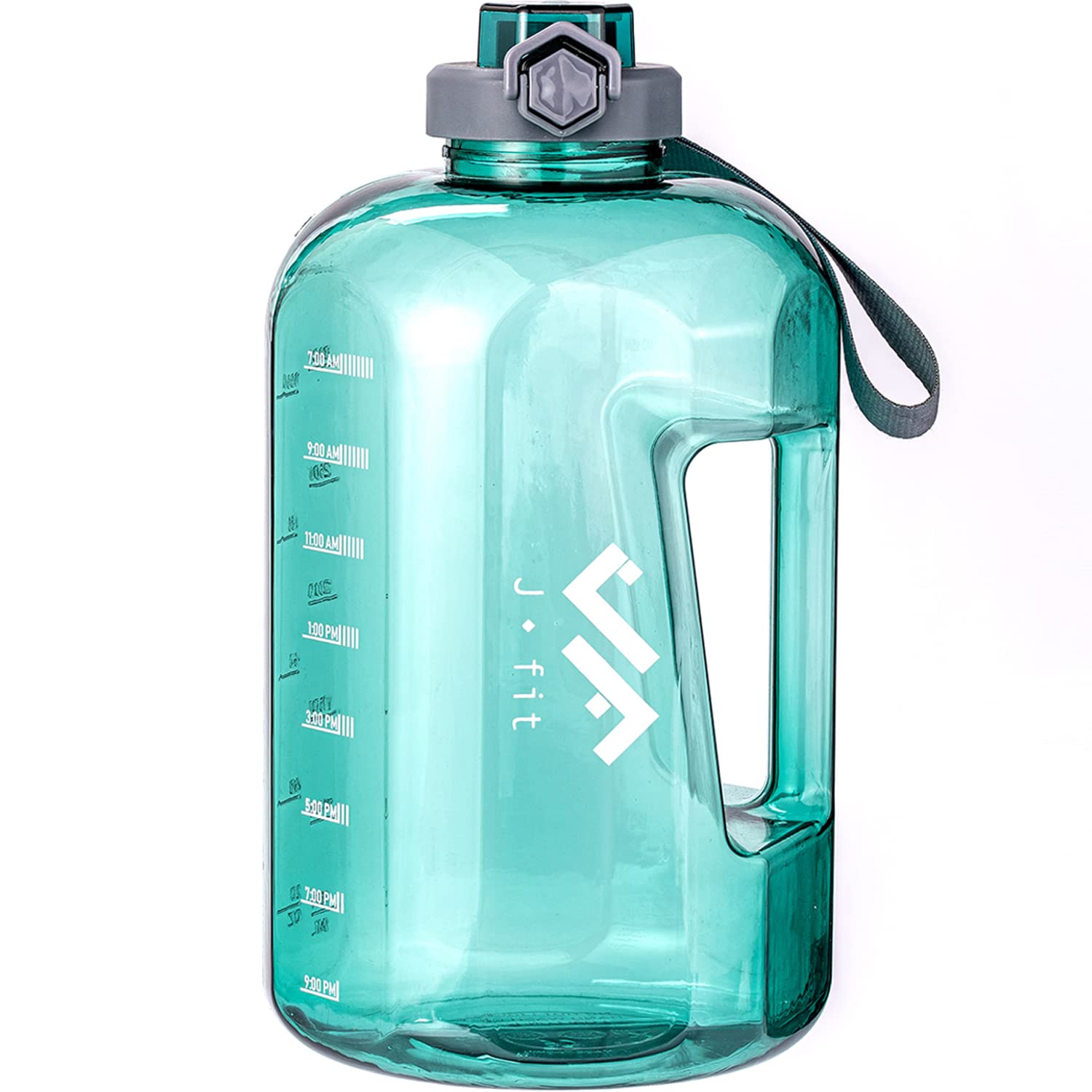 JFIT BPA Free Reusable Sports Water Bottle w/Time Markers, Leakproof Flip-Top Lid & Carry Strap – Durable PETG, 2.28" Wide-Mouth for Ice –