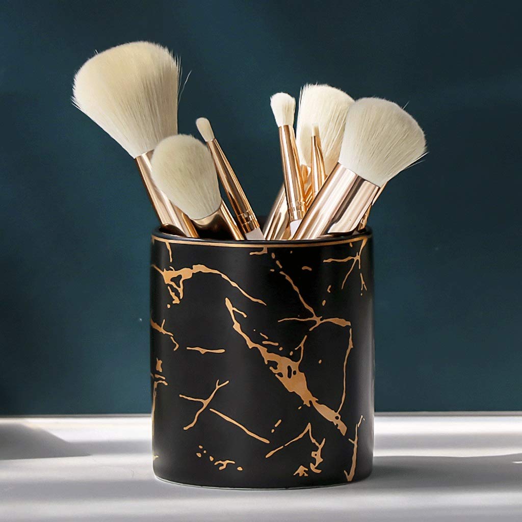 Portalápices con patrón de mármol nórdico, Caja de Almacenamiento para brochas de Maquillaje, Tarro de cerámica, contenedor de decoración de Mesa para el hogar (Svart)