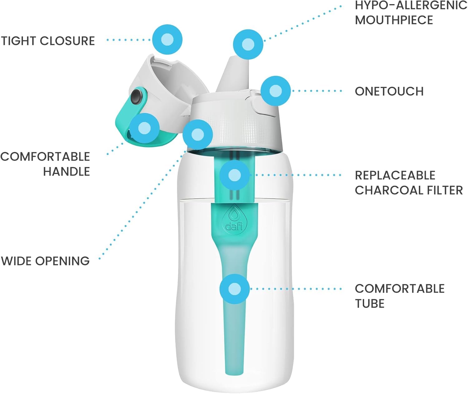 Dafi Gourde Filtrante SOLID, 1 Filtre à Charbon Actif, Turquoise 0,5 L - Sans BPA Bouteille d'eau, Filtre le Chlore et autres contaminants - Gourde Sport, Gourde Paille, Bouteille d'eau de Sport