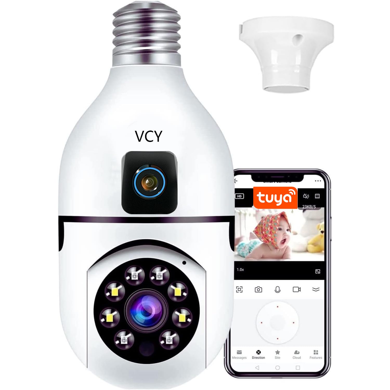 VCY Caméra Ampoule 3MP Double Objectif Tuya - 360° Pan/Tilt, Suivi Humain/Animal, Vision Nuit Couleur, Alerte Instantanée, RGPD Cloud FR, Appli Tuya (2.4GHz)