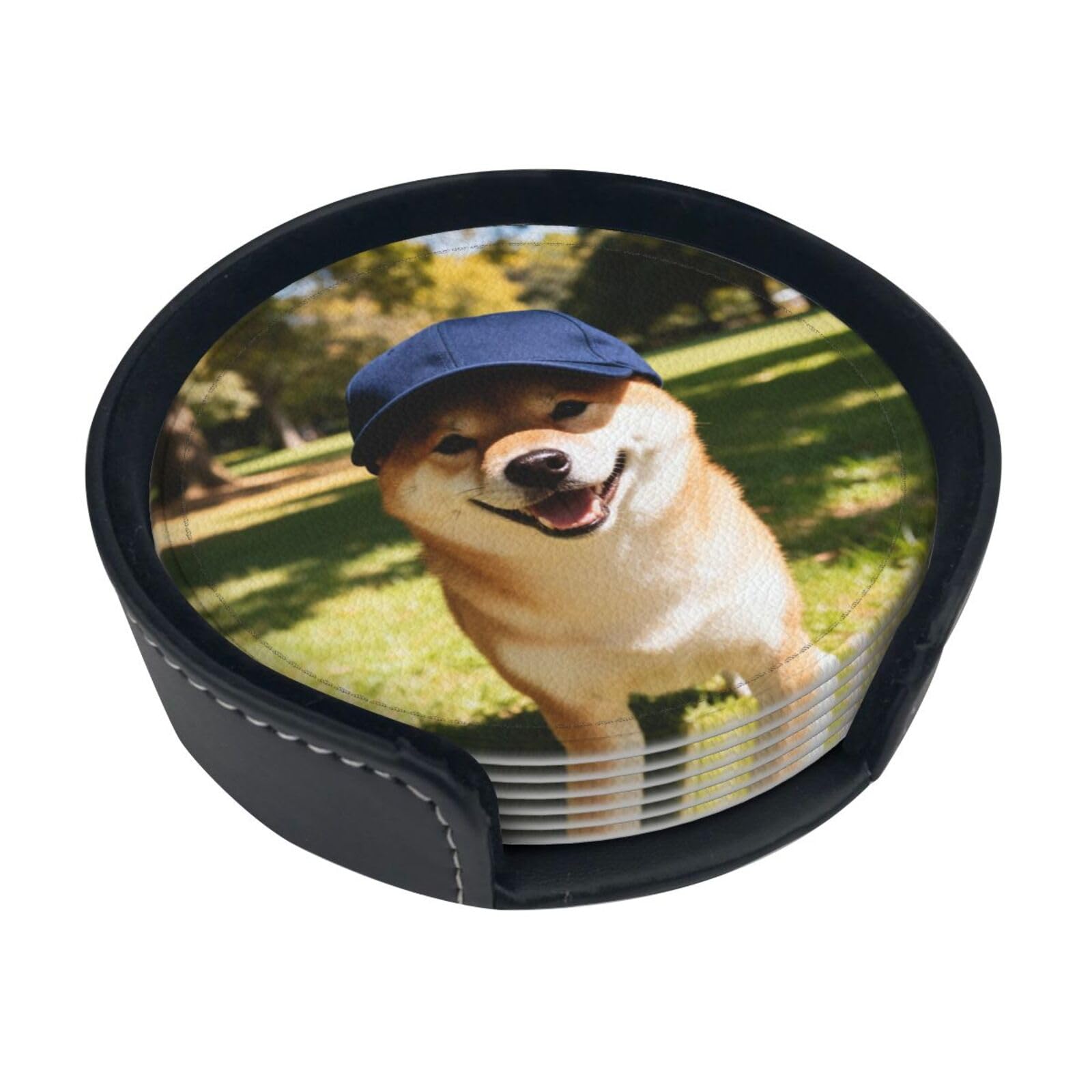 Cntdbu White Smiling Shiba Inu Leather Coasters Set Of 6-Pu Leather Drink Mats For Table, Heat Resistant Round Coasters With Holder