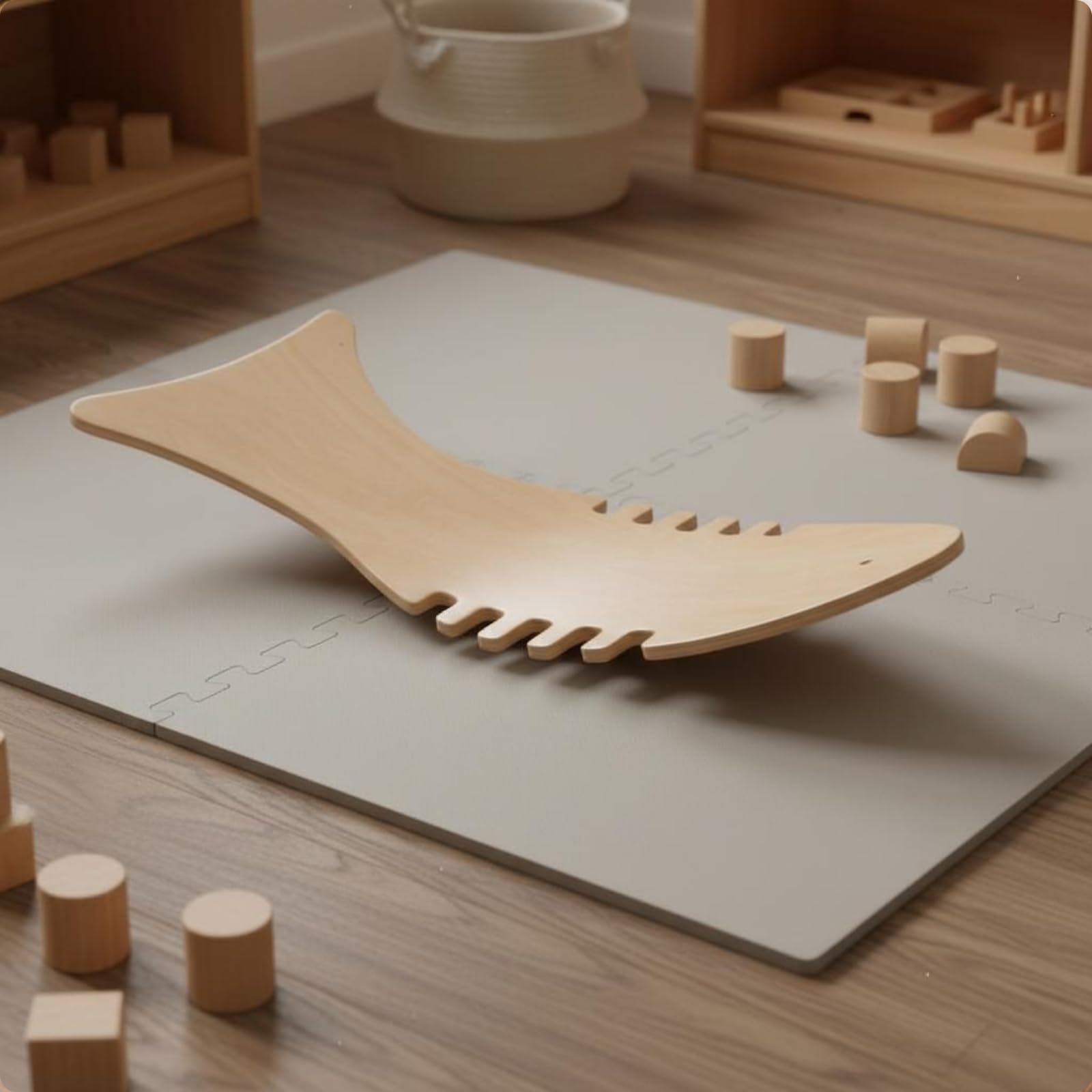 Balance Board Kinder Holz Gleichgewichtsbrett Schaukelbrett Geschwungene Platte mit Fischgrätenaussparungen für Spielerische Bewegung Balance Training