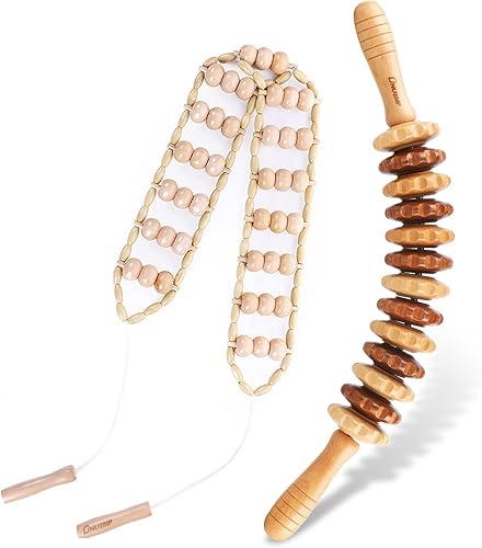 ONUEMP 2 herramientas de masaje de terapia de madera, rodillo de masaje de madera y cuerda de rodillo masajeador de espalda, kit de maderoterapia