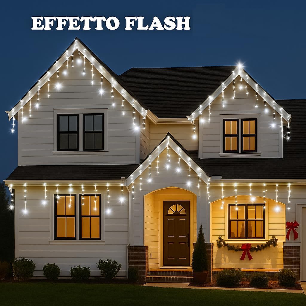 Elektronova Tenda Luminosa 200 LED, 5Mt, Luce Blu, Cavo Bianco, IP65, Prolungabile, Effetto Flash, Con fili pendenti a lunghezze alternate (30–70–40–60 cm) per effetto a cascata