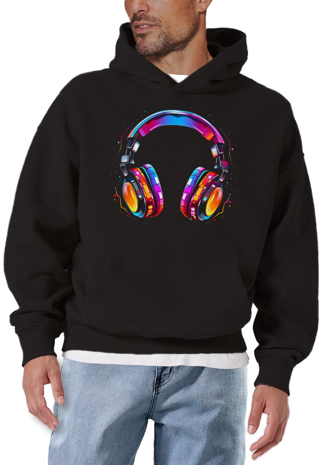 MAKAYA Felpa Hip Hop con Cappuccio Motivo Cuffie Anni 80 e 90 Outfit Festival Pullover Uomo Hoodie