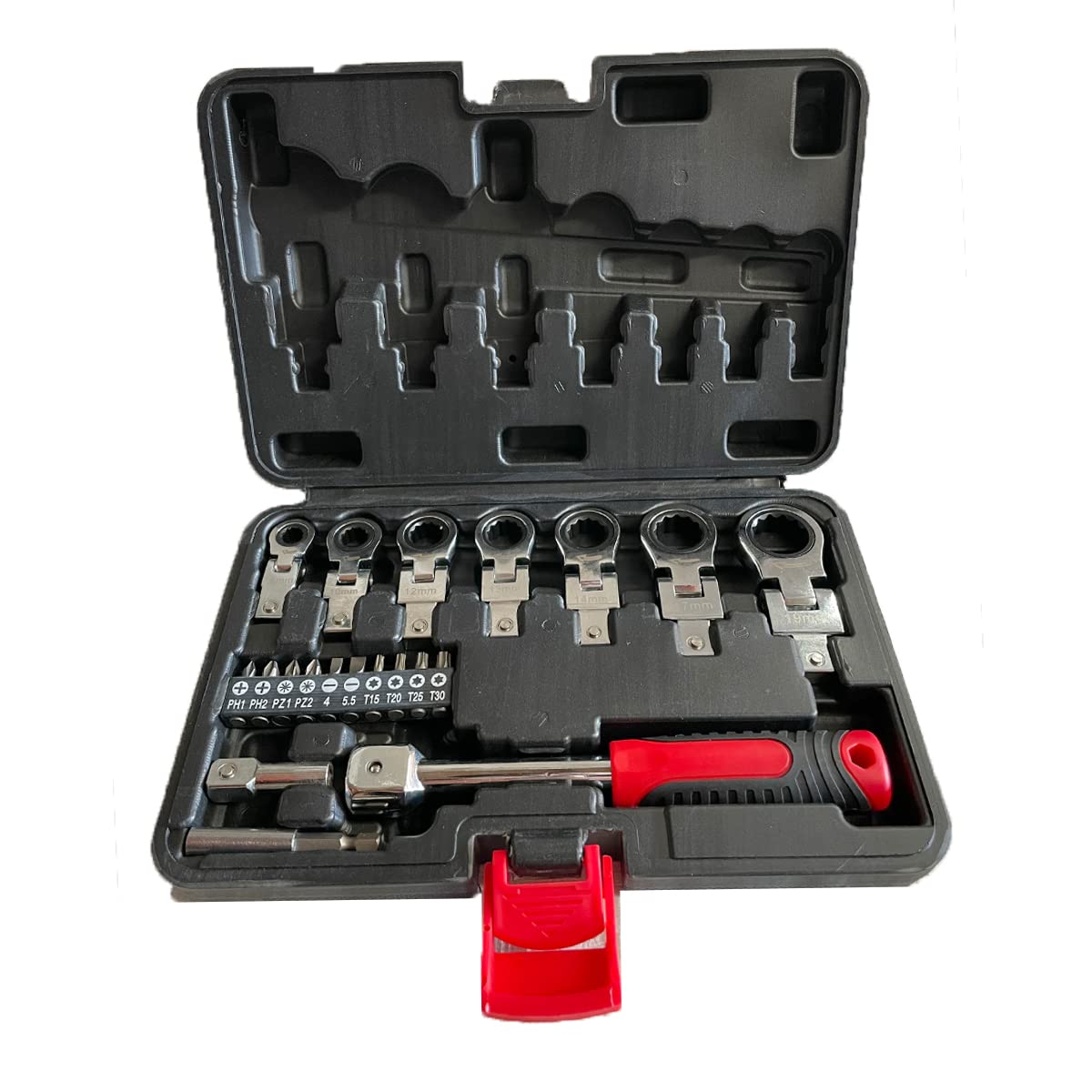 Voyager Tools Flex Head Ratcheting Set 72 Teeth Gear 20 PC 12-Point Box End 50 BV30 180° Flex Travel Hardshell Case (Metric/MM)