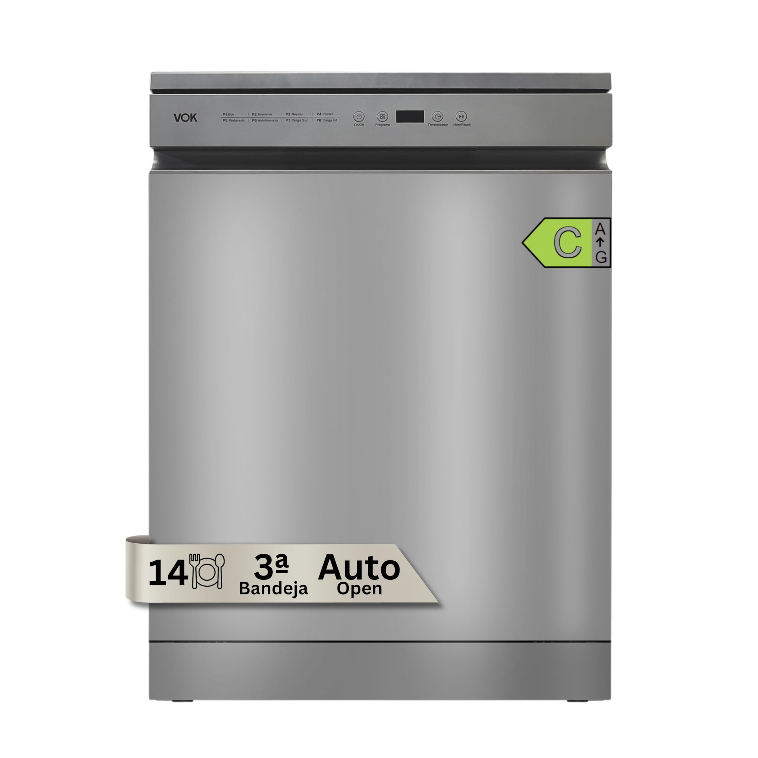 VOK Lavavajillas 60 cm Instalación Incluida 14 Cubiertos – Clase C, 3ª Bandeja, 8 Programas, 47 dB Silencioso, Apertura Automática, Media Carga, Cesta Ajustable, Color Inox
