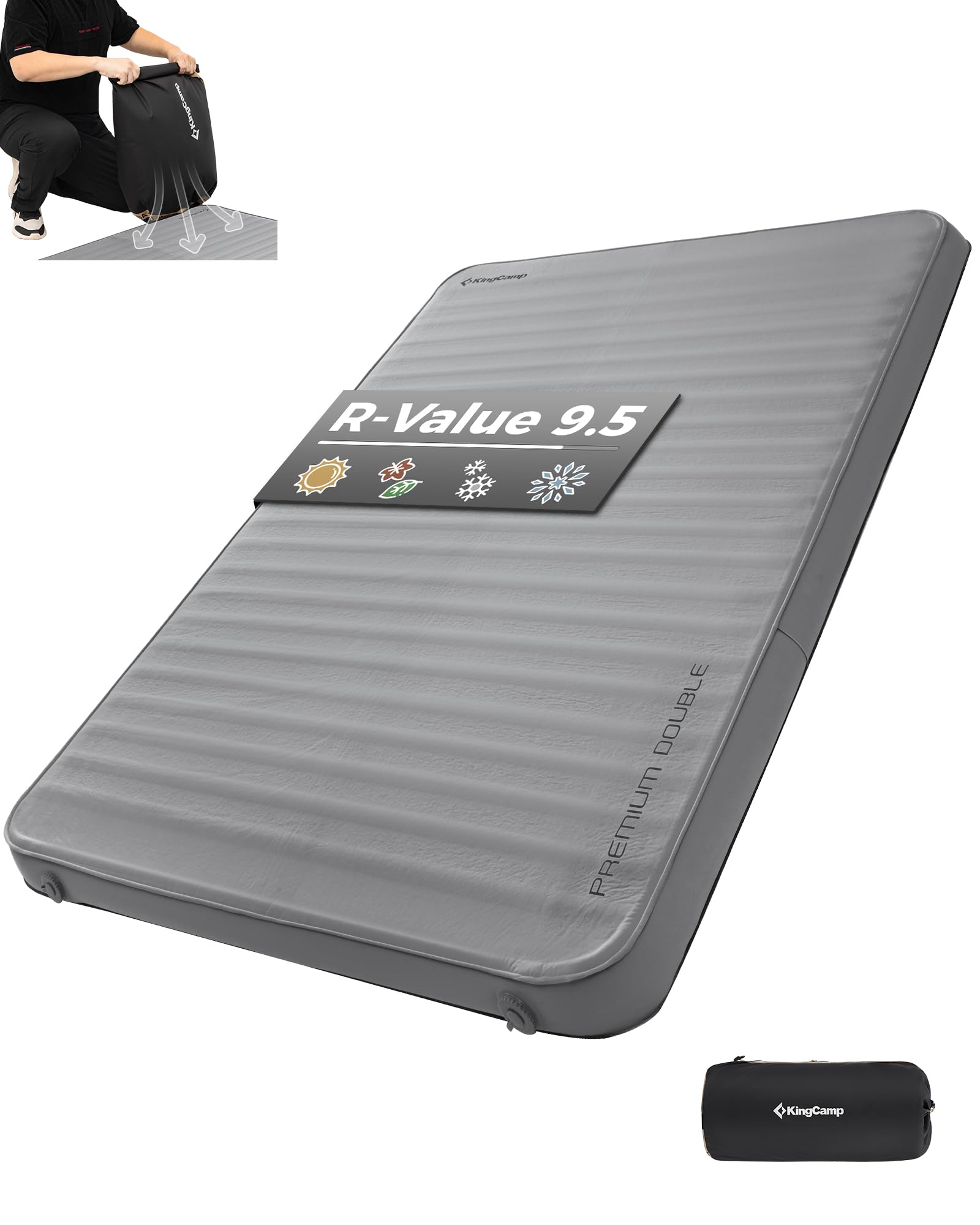 PREMIUM DOUBLE Self Inflating Sleeping Pad, 7.5 R-Value Air & Foam Camping Mattress 2 Person, 3" Thick Full Size Double Insulated Sleeping Pad with Pump Sack for Car Camp Tent, PVC Free, Grey